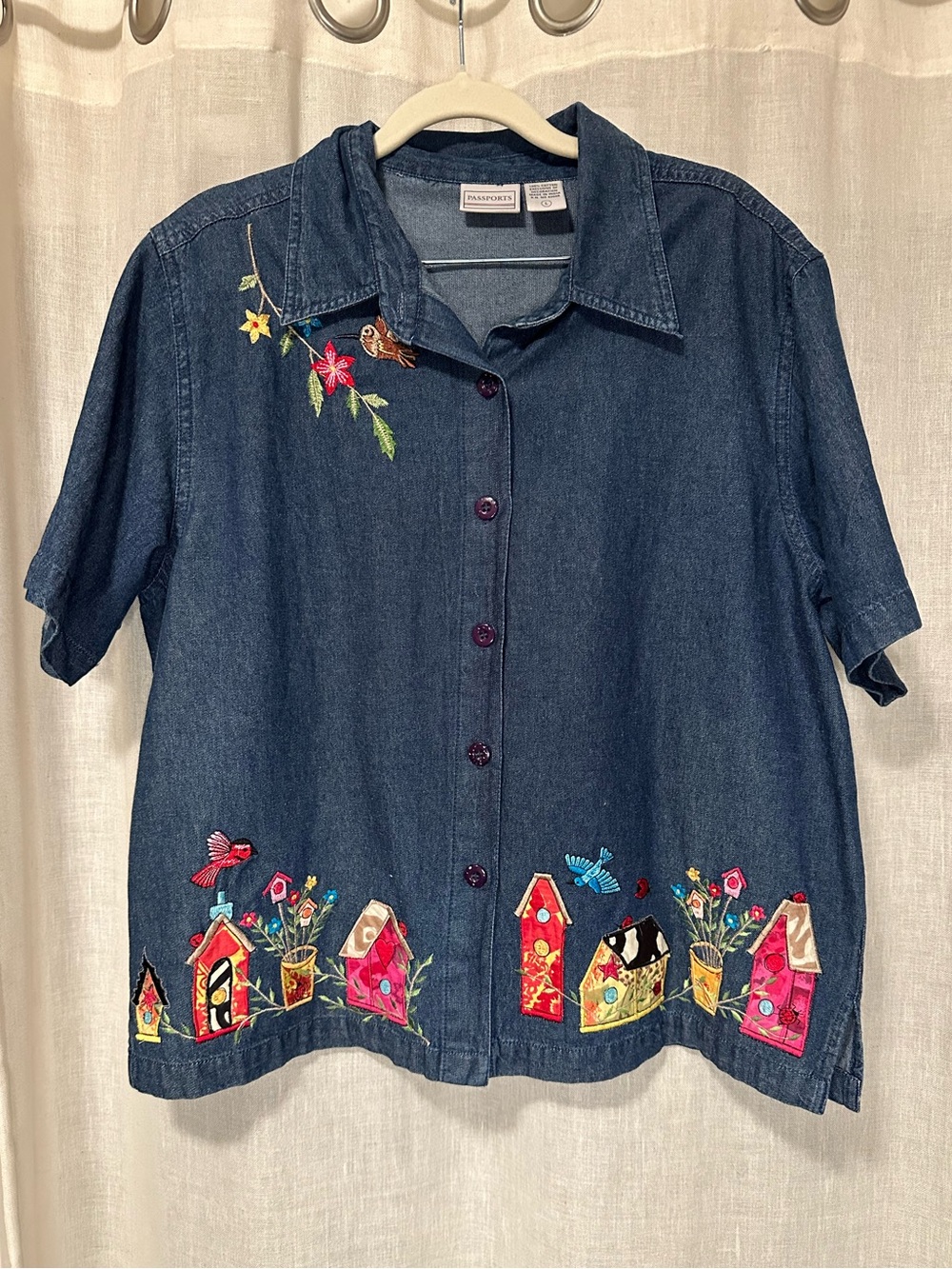 VTG Passports Women’s Floral/Bird Denim Button Shirt Artsy Grandma Cottagecore L